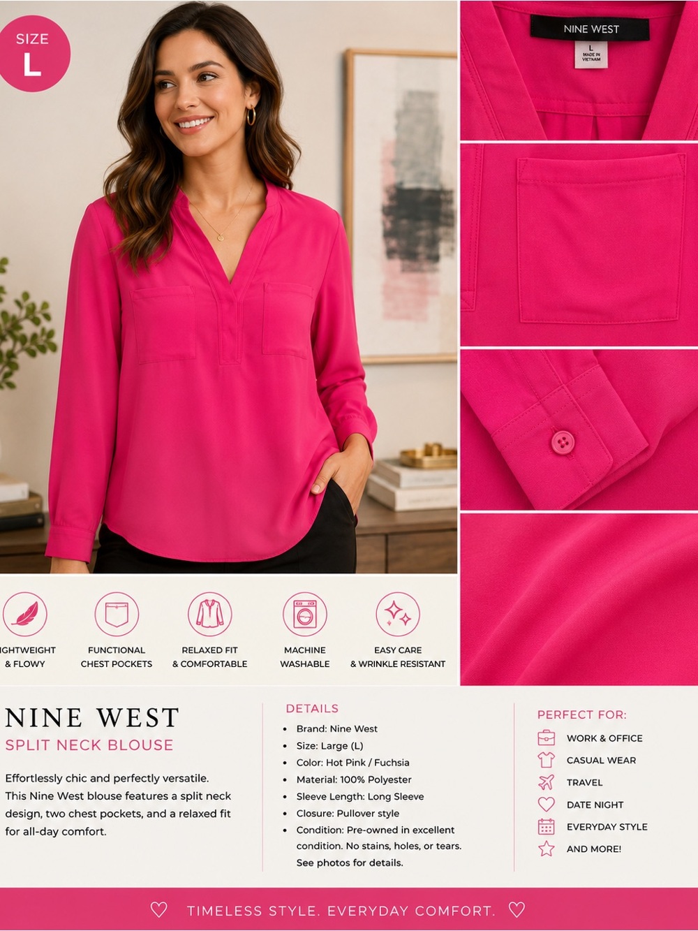 Nine West Hot Pink Split-Neck Blouse